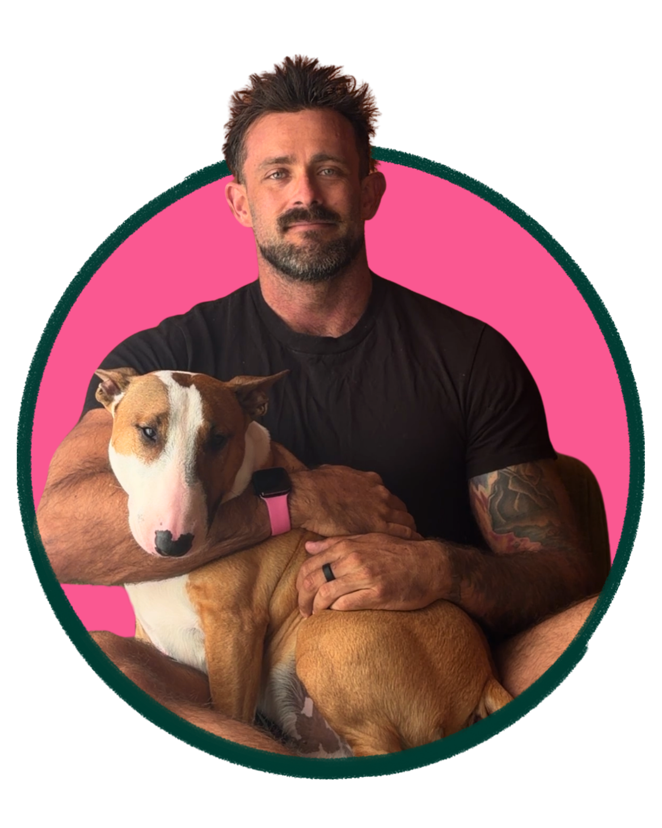 Mace, The Big Pink Physio, holding his Bull Terrier Shark