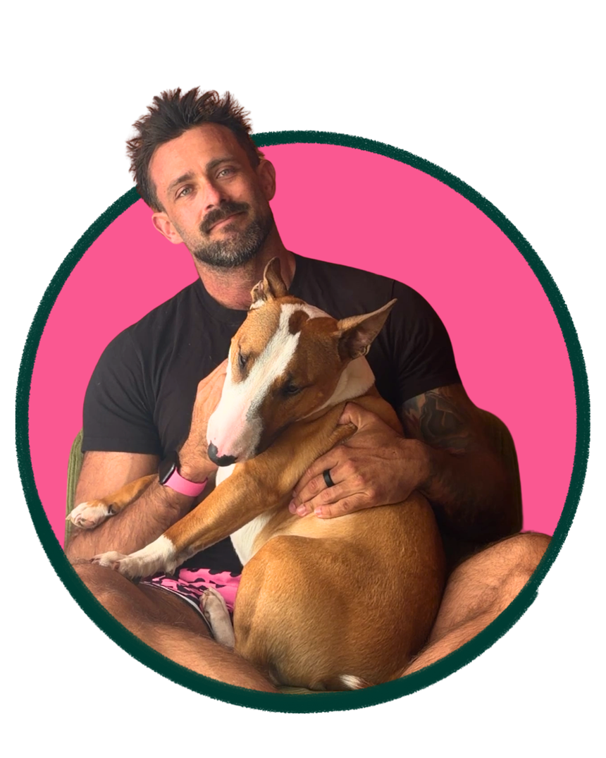 Mace, The Big Pink Physio, with his Bull Terrier Shark resting in his arms